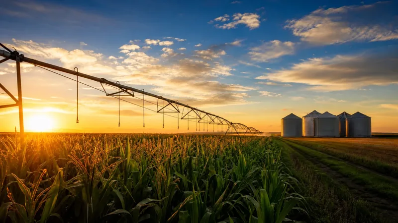 Rows of corn beside a center pivot irrigation system and grain bins at golden hour, How to Start a Farm or Ranch in Nebraska