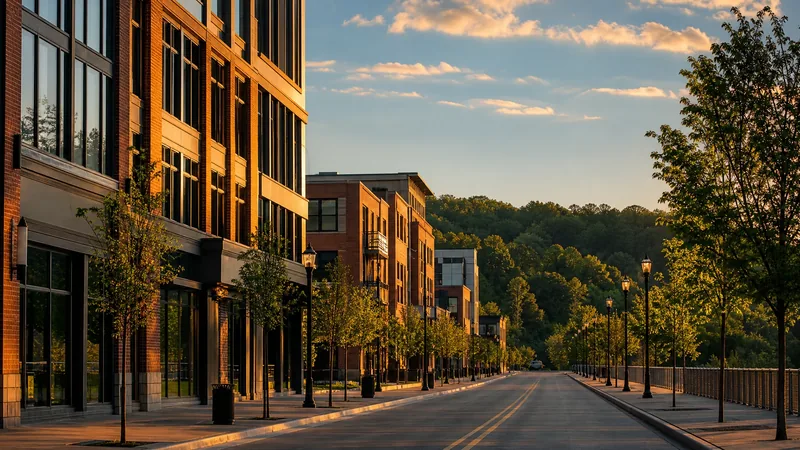 Midwestern city street of mid-rise brick and glass commercial buildings with young trees and a river bluff beyond, Omaha Business License 2026