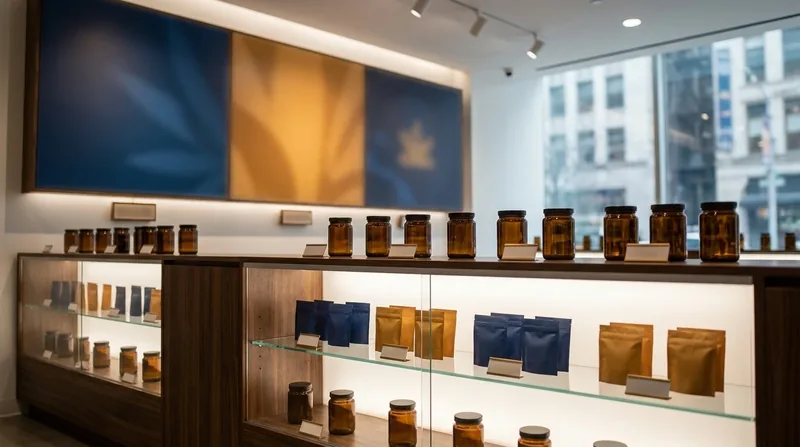 Minimal retail shelf of jars and pouches, Nebraska Medical Cannabis Business Licenses