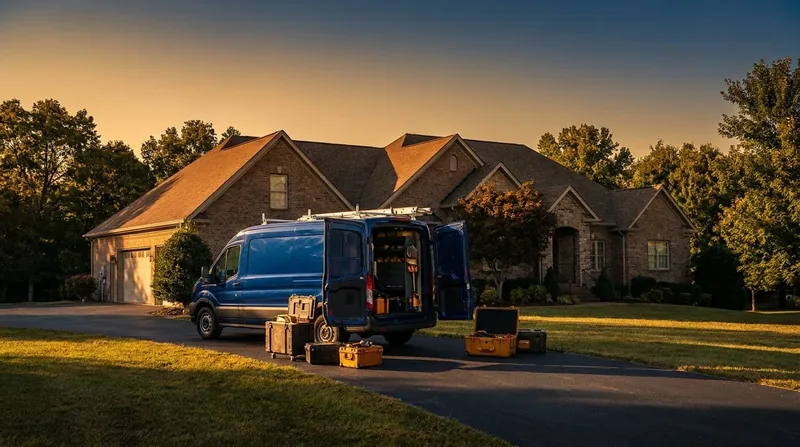 Service van and equipment outside a suburban home, How to Start a Pest Control Business in Nebraska