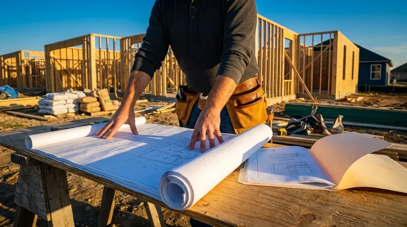 Contractor reviewing blueprints at a jobsite, How to Start a Building Contractor Business in Omaha NE