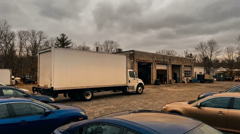 Box truck and cars outside a small auto lot, How to Start a Used Car Dealership in Nebraska